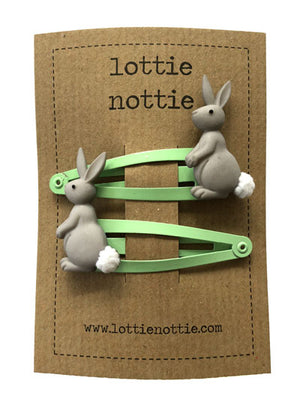 Lottie Nottie Bunnies on Green Hair Clips