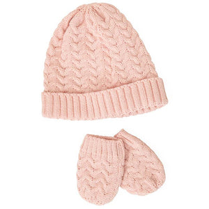 Baby Knitted Ski Hat with Mittens Set, Pink