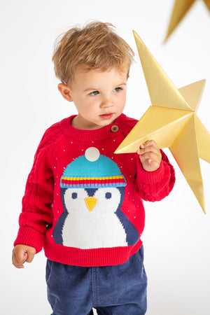 Frugi Caleb Knit Jumper Red Penguin