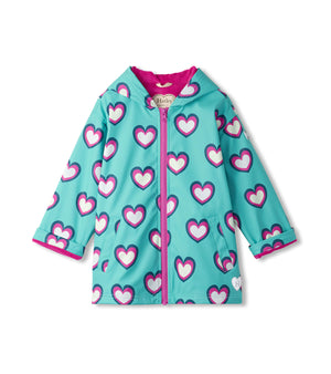 Hatley Zip Up Rain Jacket Hearts Colour Change