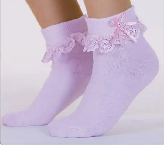 Lace frill ankle socks - dusty pink