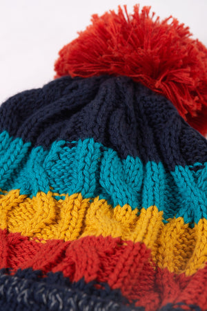 Frugi Cable Knit Bobble Hat Indigo Multi Stripe