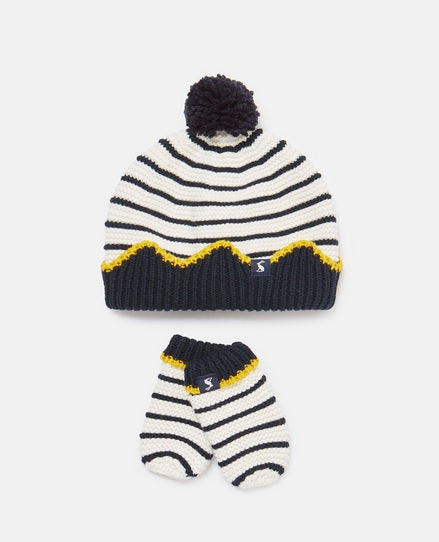 Joules Baby Crown Hat & Mittens Set, Cream Navy Stripes