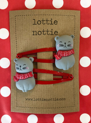 Lottie Nottie Christmas Cats in Scarves Hair Clips
