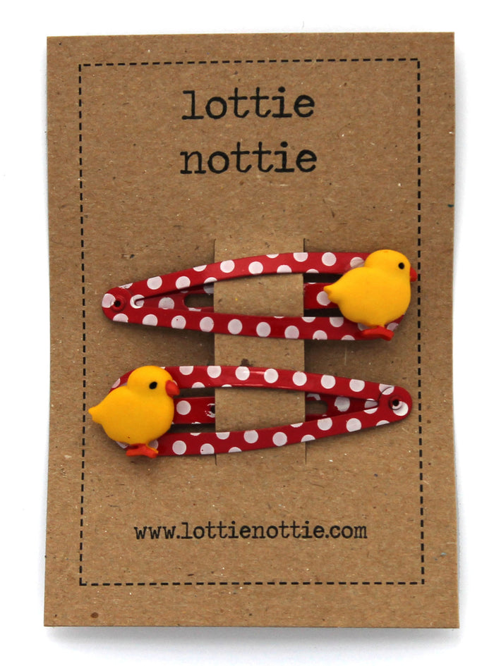 Lottie Nottie Chicks on Red Spotty Hair Clips