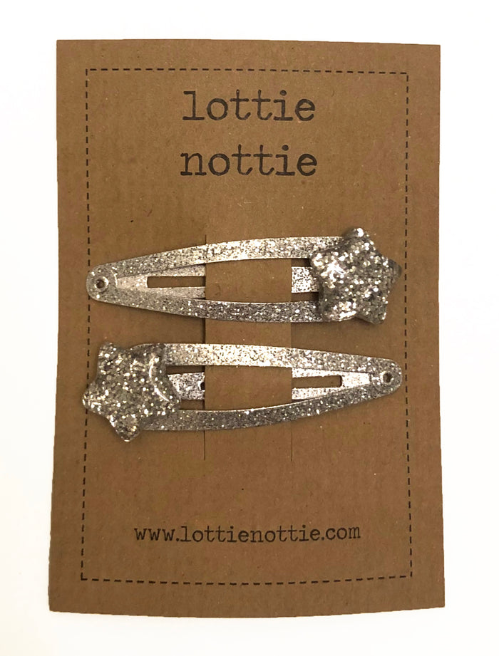 Lottie Nottie Christmas Glitter Stars on Silver Sparkle Clips
