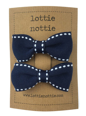 Lottie Nottie Stitch Bow Hair Clips- Navy