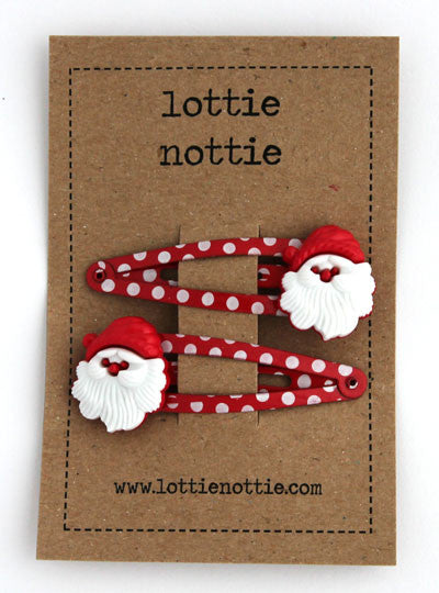 Lottie Nottie Christmas Hair Clips Santas on Red Spotty