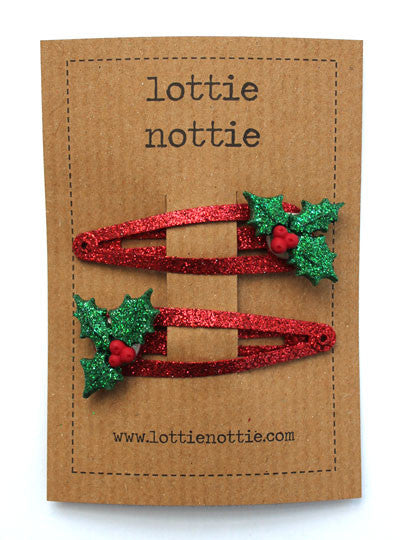 Lottie Nottie Christmas Hair Clips Holly on Red Sparkle