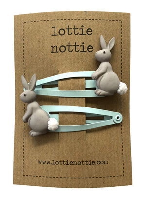 Lottie Nottie Bunnies on Blue Hair Clips