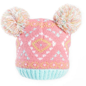 Baby Jacquard Knit Double Pom Pom Hat, Pink