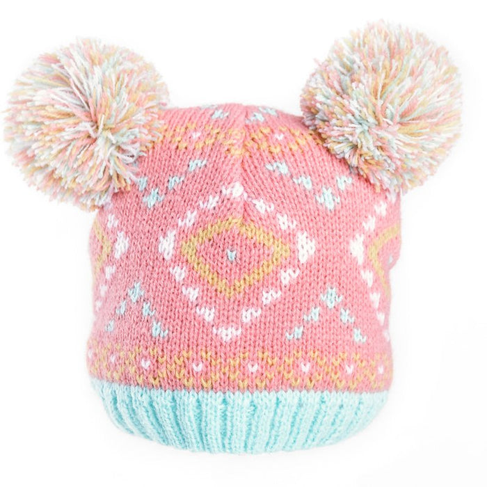 Baby Jacquard Knit Double Pom Pom Hat, Pink